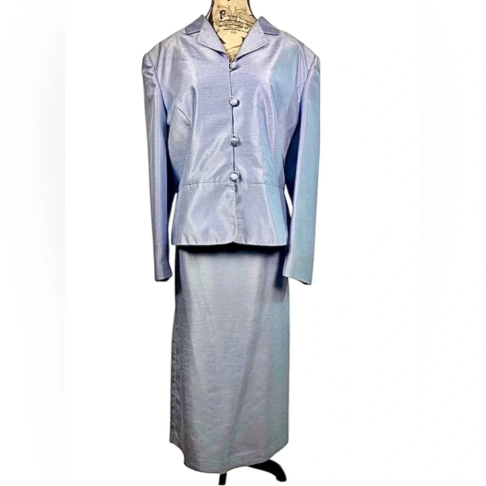 Morgan Miller Iridescent Blue Skirt Suit Set Size 18 Career Church Wedding